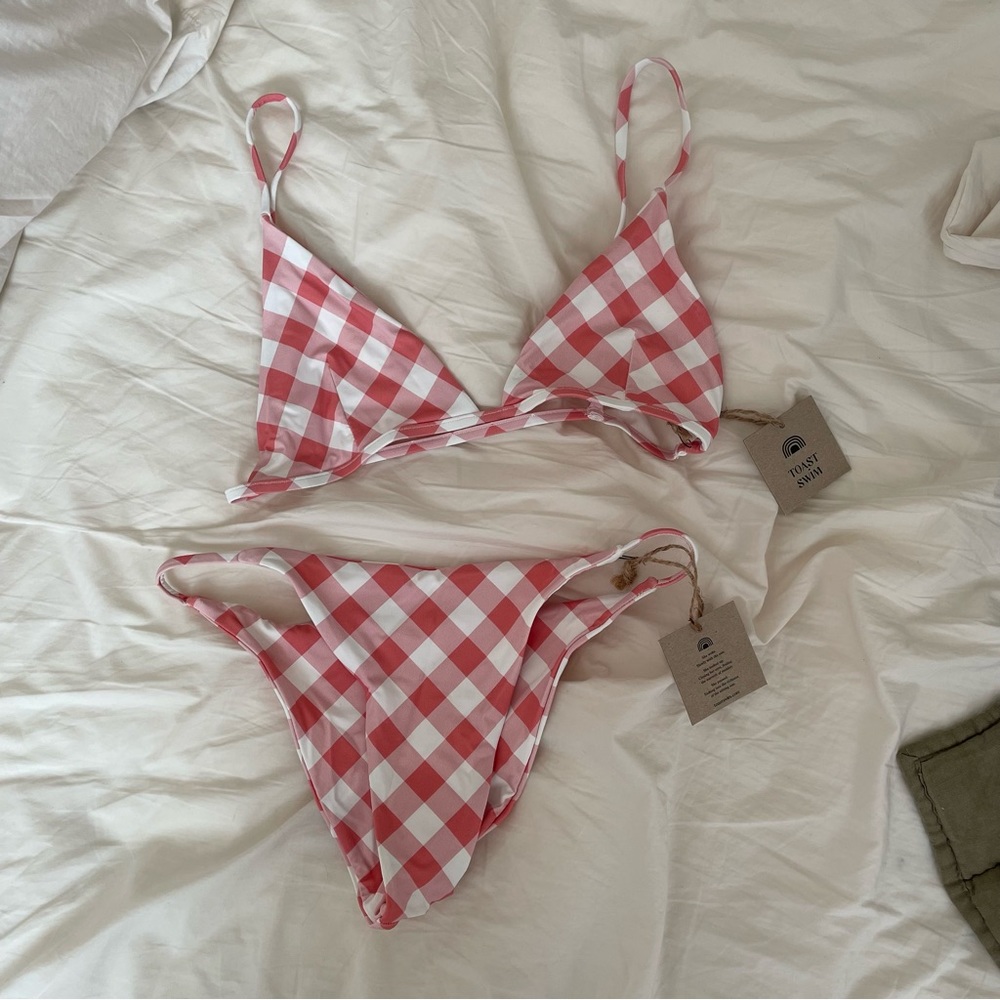 Toast Swim NWT Red Gingham Size S Triangle Top and String Bottom Bikini